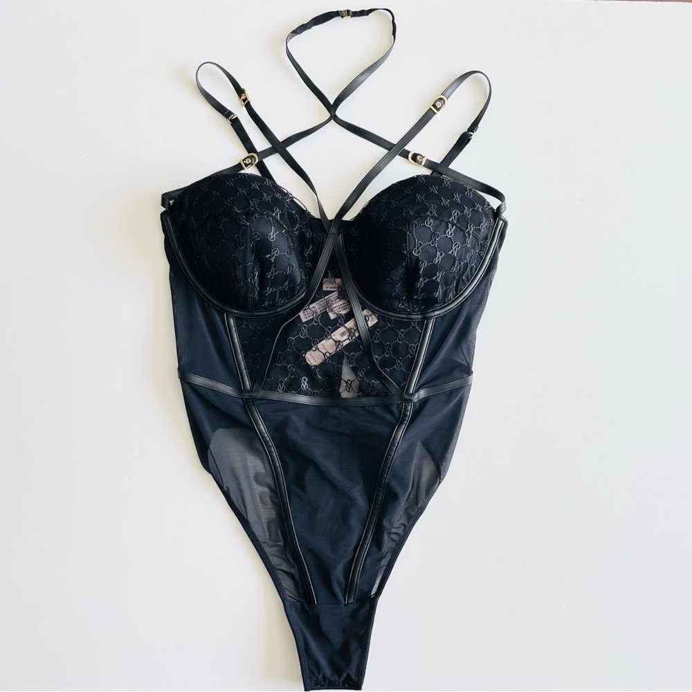 NWT Victoria’s Secret XXL logo embroidered strappy black bodysuit - Picture 2 of 6